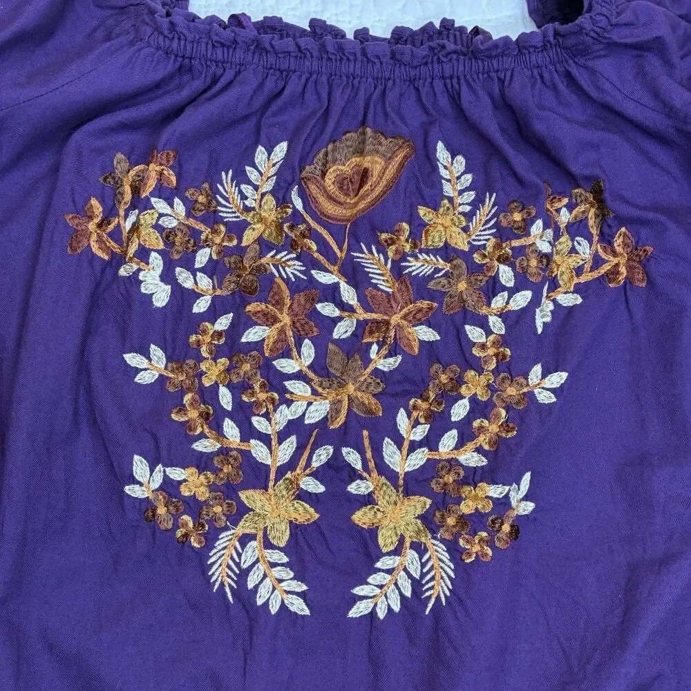 Free People purple mini dress S embroidered off-shoulder boho peasant romantic‎